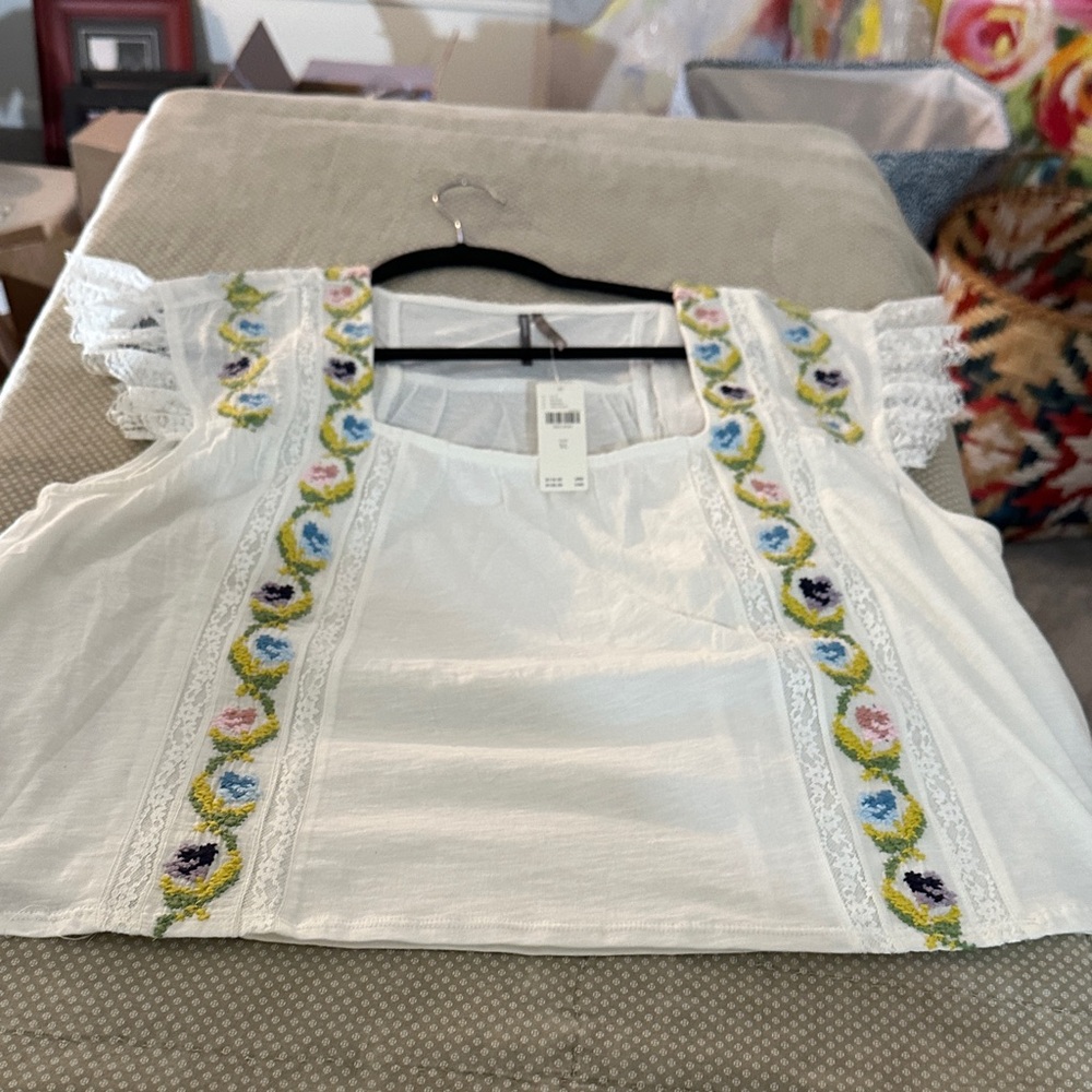 Anthropologie White Square-Neck Blouse with Multicolor Floral Embroidery
